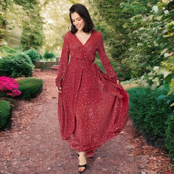 Unique Vintage Red & Silver Stars Farrah Maxi Dress V-Neck Sheer Holiday Gown - Picture 1 of 10
